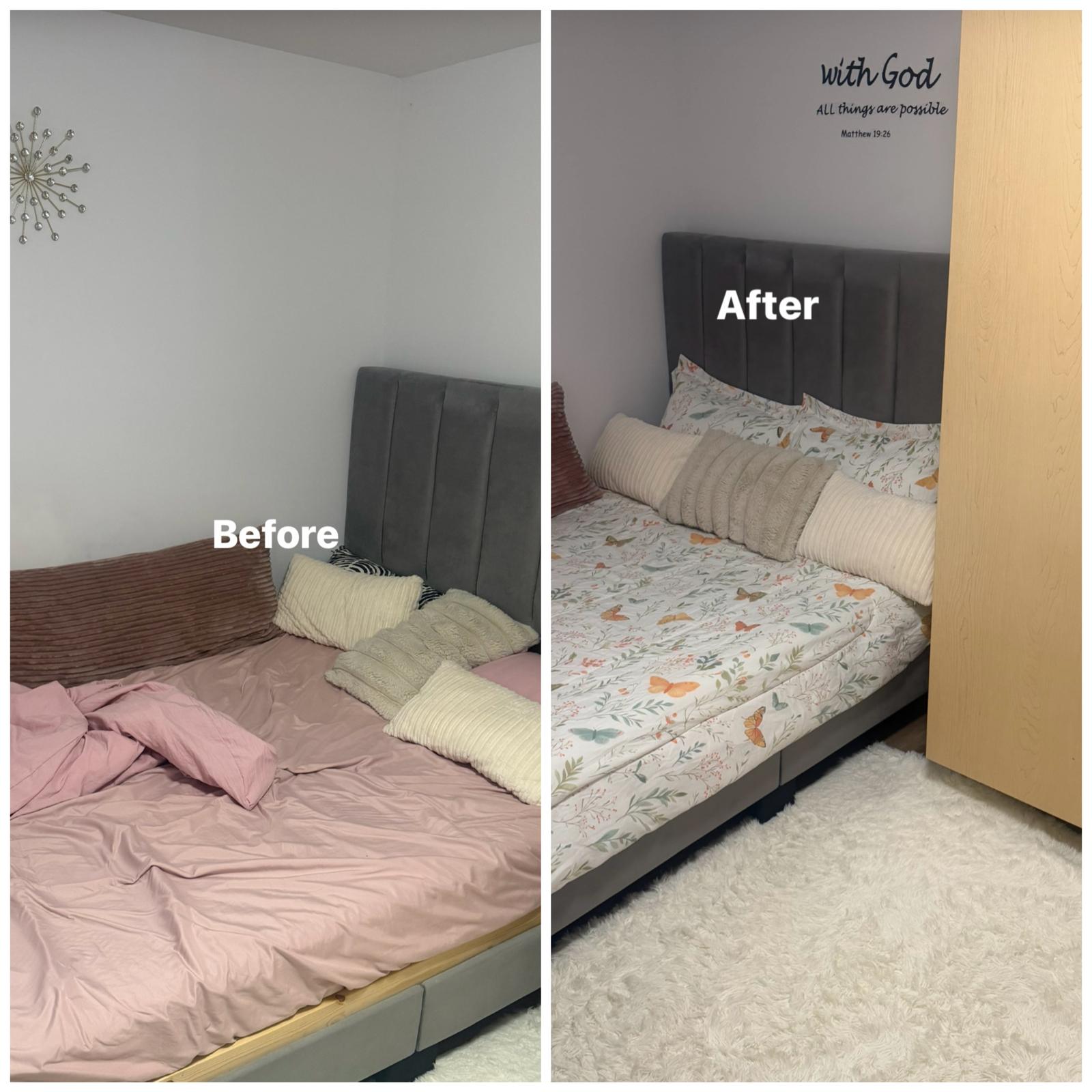 Bedroom before and after cleaning and bedding refresh