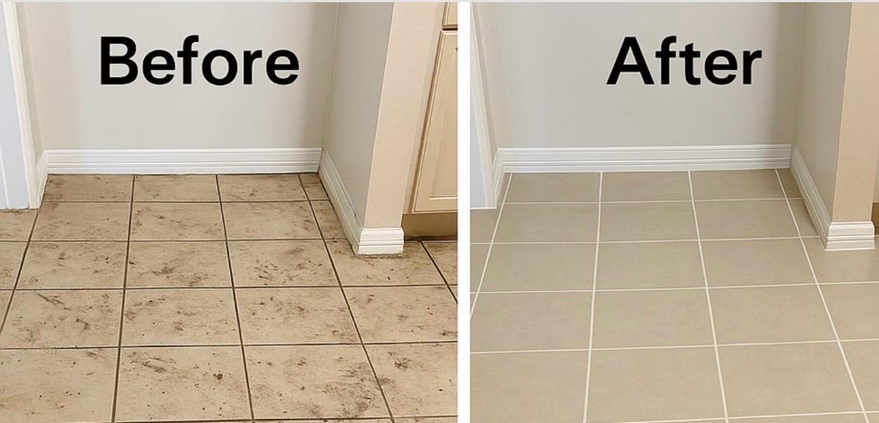 Tile floor before and after deep cleaning